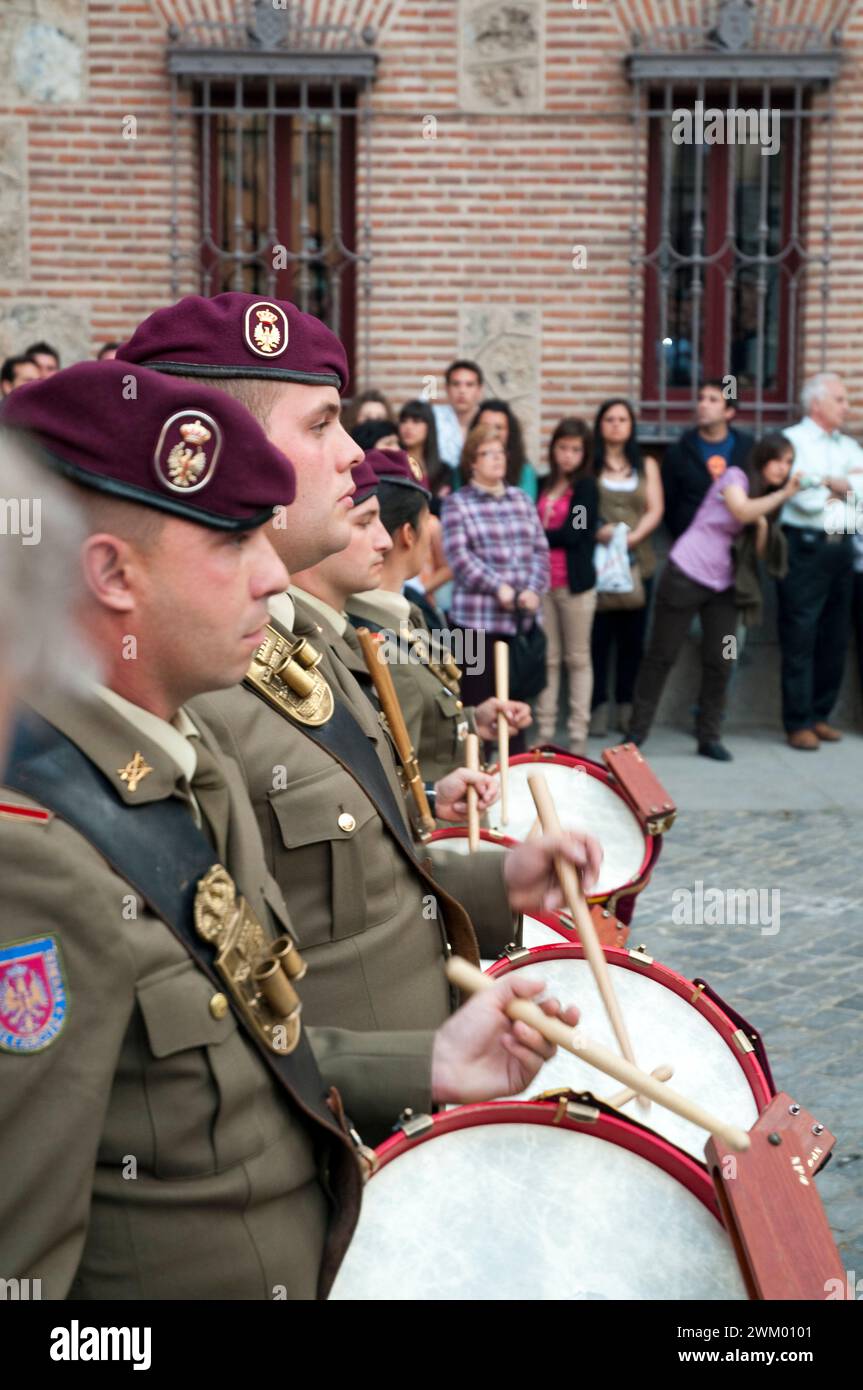 Drummers in a Holy Week procession. Plaza de la Villa, Madrid, Spain. Stock Photo