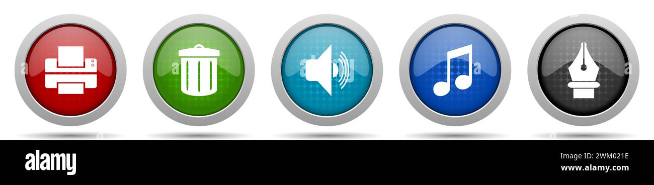 Media icons, miscellaneous buttons such as printer, trash can, speaker, note and pen, circle glossy web icon collection Stock Photo
