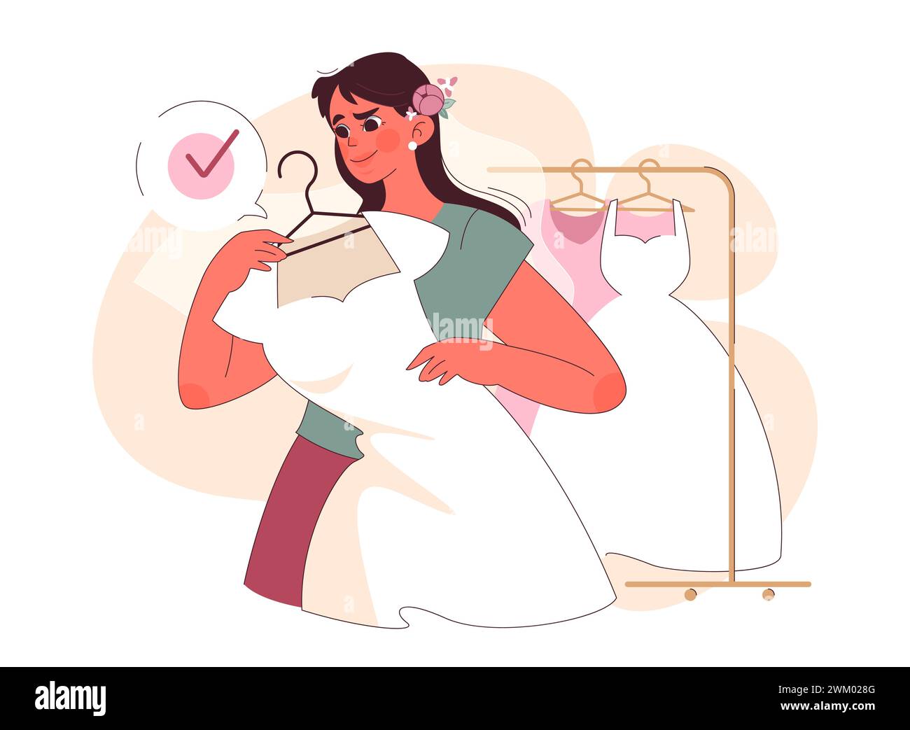Perfect Choice: A delighted bride-to-be finds her dream wedding dress, symbolizing a moment of joy and preparation. Vector flat illustration. Stock Vector