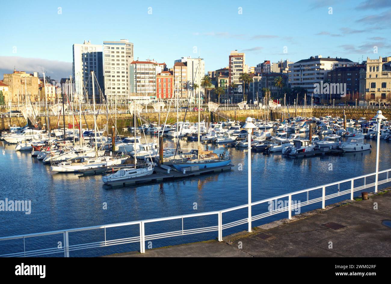 Gijón, Asturias, Spain. Marina, in the center of the city. In Development, Cimadevilla. It belongs to the Port Authority, blue flag. Stock Photo