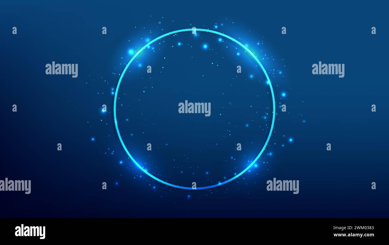 Neon circle frame with shining effects and sparkles on dark blue ...