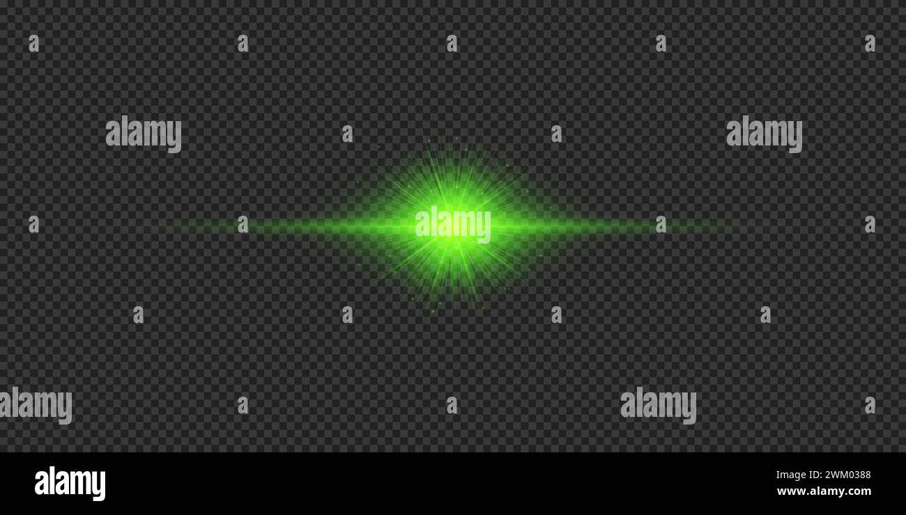 Light effect of lens flares. Green horizontal glowing light starburst effect with sparkles on a grey transparent background. Vector illustration Stock Vector
