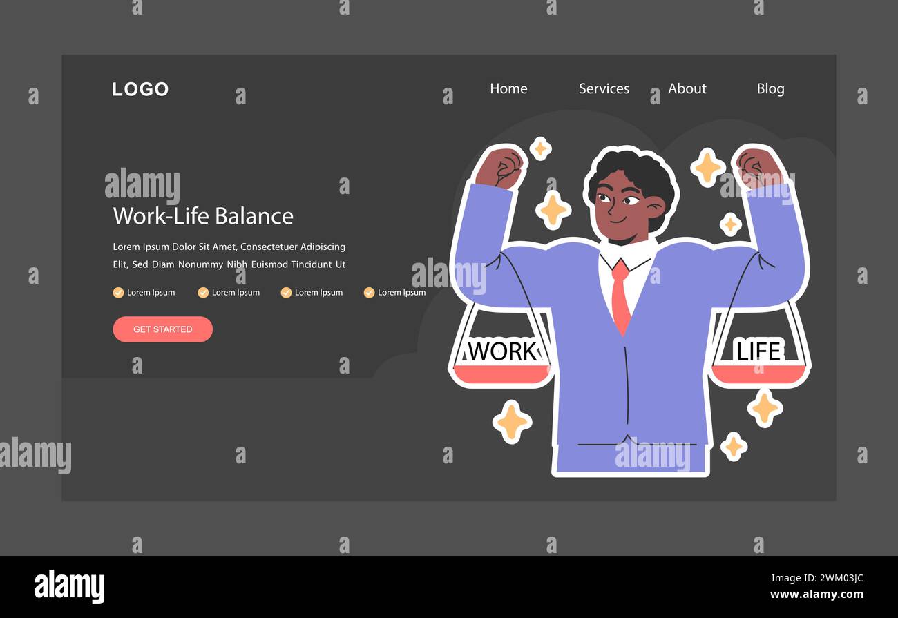 Work-life balance night or dark mode web banner or landing page. Man ...