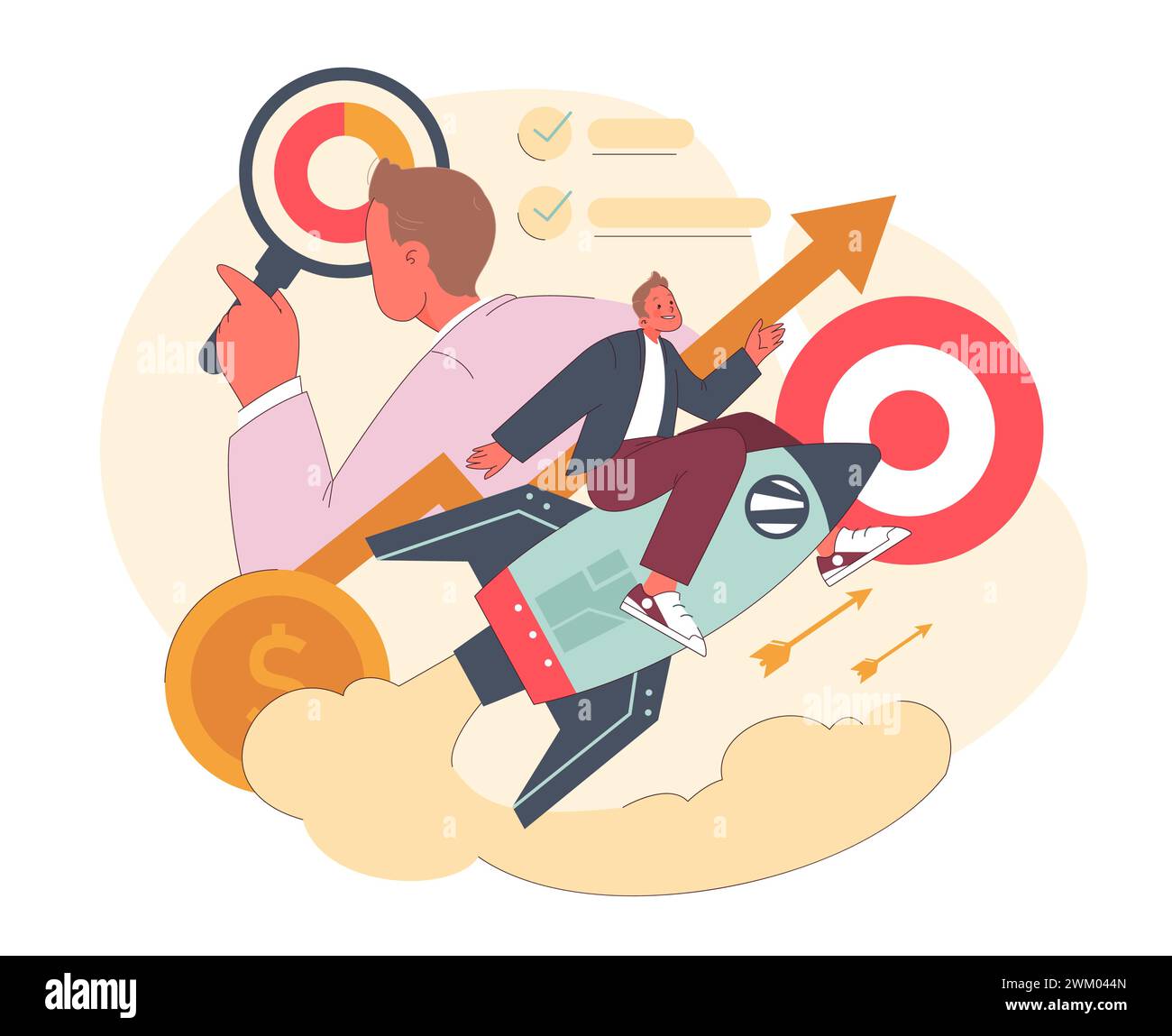 Career Advancement concept. Ambitious professional zooming in on targets while riding a rocket, symbolizing aspiration, achievement, and swift growth in the corporate world. Flat vector illustration. Stock Vector