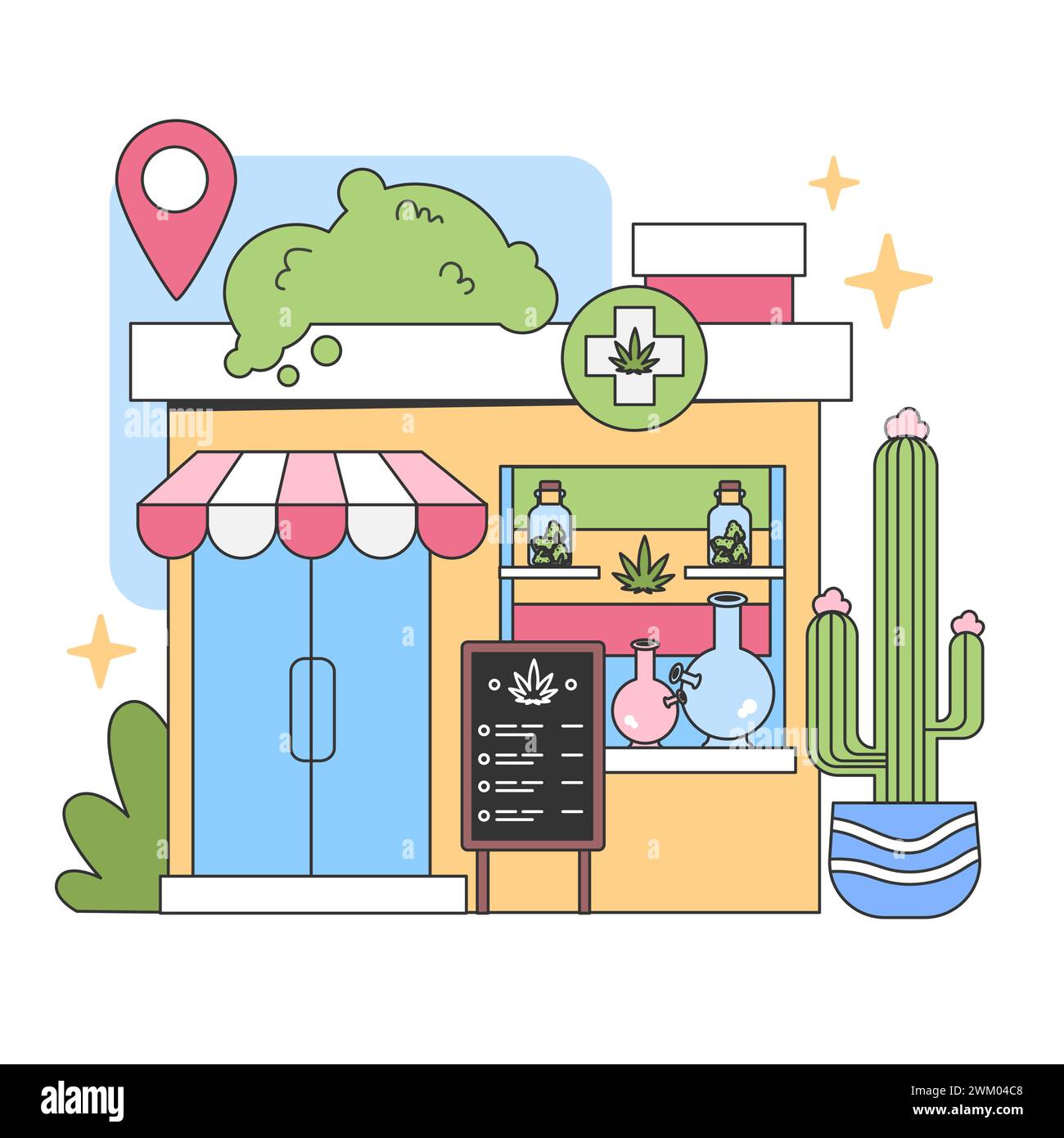 Cannabis storefront scene. Store exterior with product display, menu board, and cactus. Legal marijuana sales concept. Flat vector illustration Stock Vector