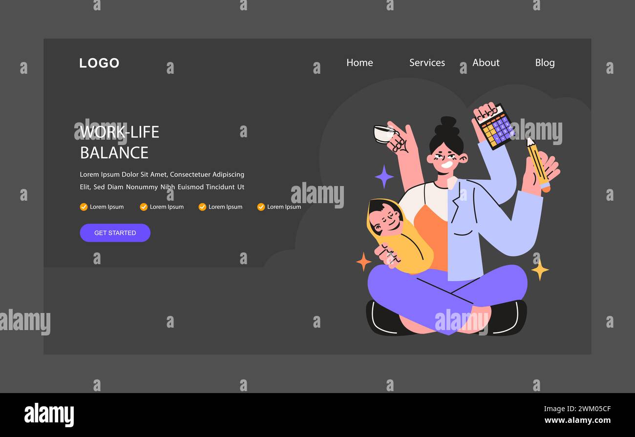 Work-life balance night or dark mode web banner or landing page. Woman ...