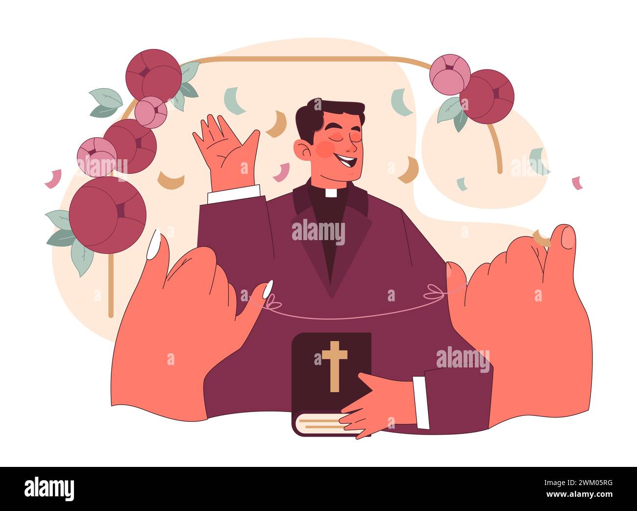 Vows concept. A priest joyfully recites wedding vows, holding a holy book, as hands reach out in celebration amidst floral decor. Moments of unity. Flat vector illustration. Stock Vector