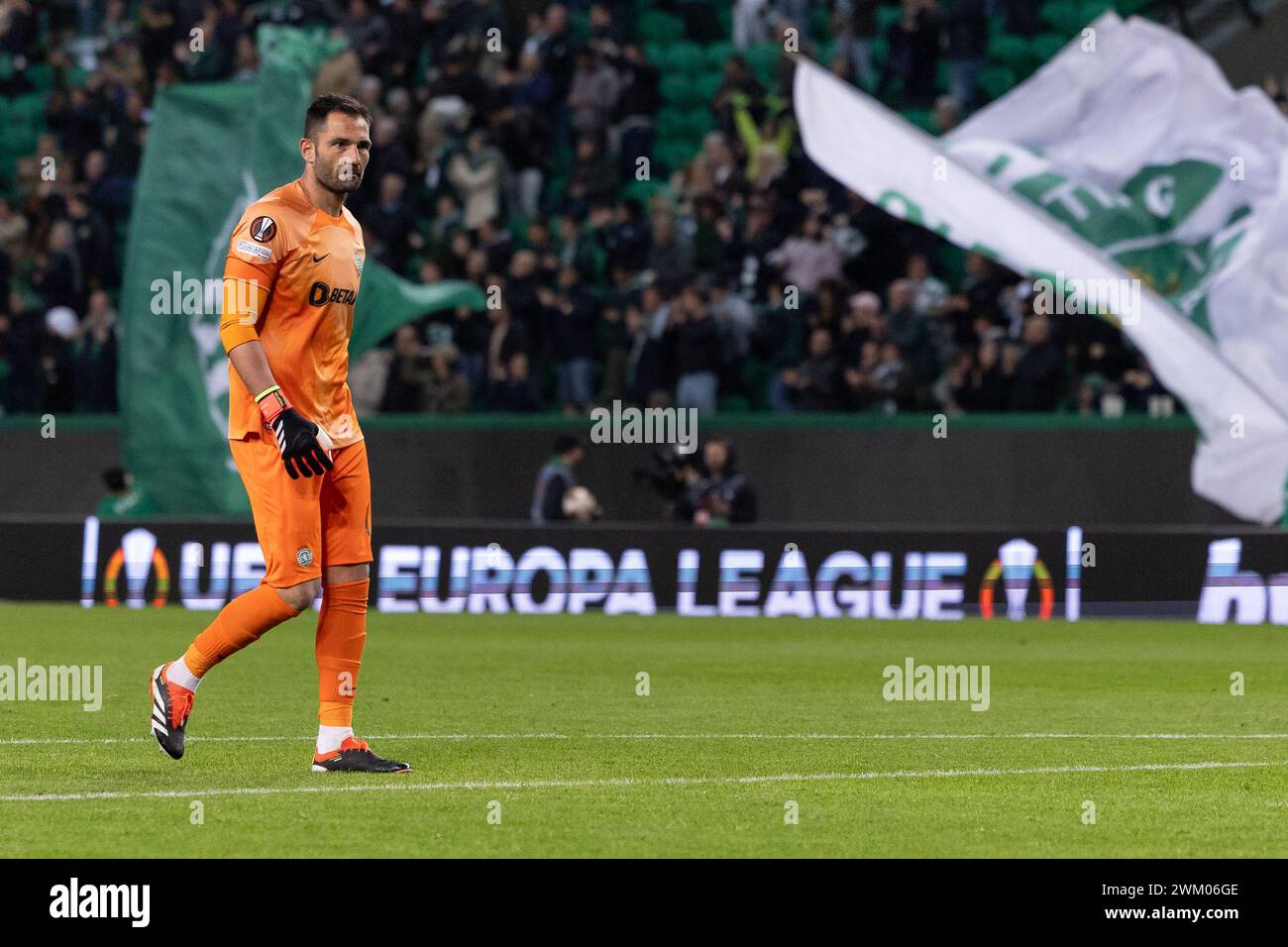 February 22, 2024. Lisbon, Portugal. Sporting's goalkeeper from Spain Antonio Adan (1) celebrating after a teammate scored a goal during the game of the 2nd Leg of the Playoffs for the UEFA Europa League, Sporting vs Young Boys Credit: Alexandre de Sousa/Alamy Live News Stock Photo