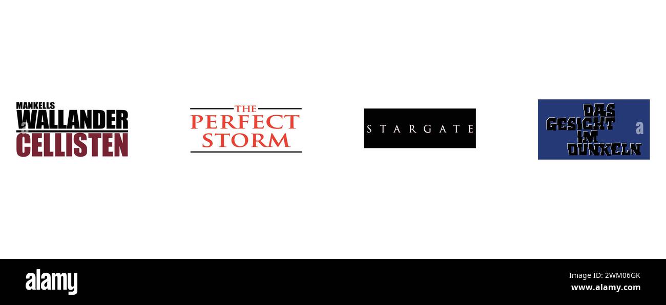 Das Gesicht im Dunkeln, Wallander Cellisten, The Perfect Storm, Stargate. Collection of top brand logo. Stock Vector