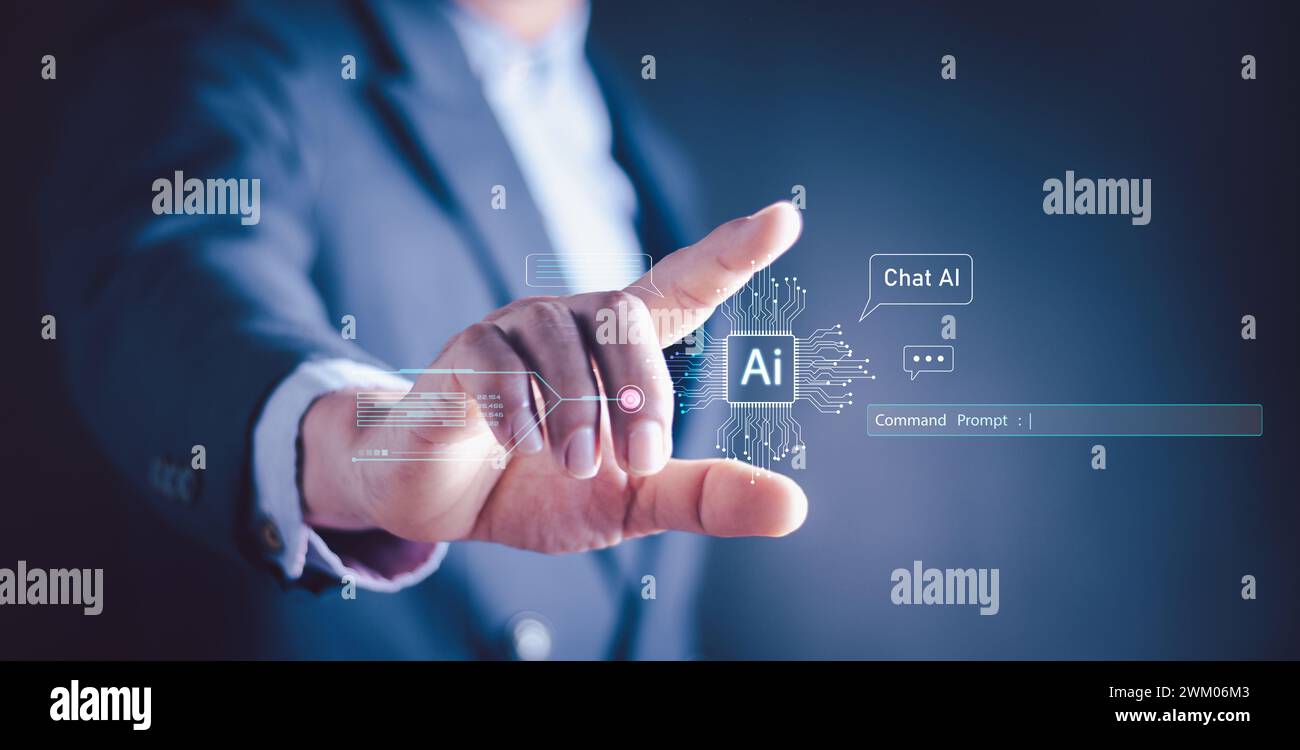 Chatbot Chat with AI, Artificial Intelligence. man using technology smart robot AI, artificial intelligence by enter command prompt for generates some Stock Photo