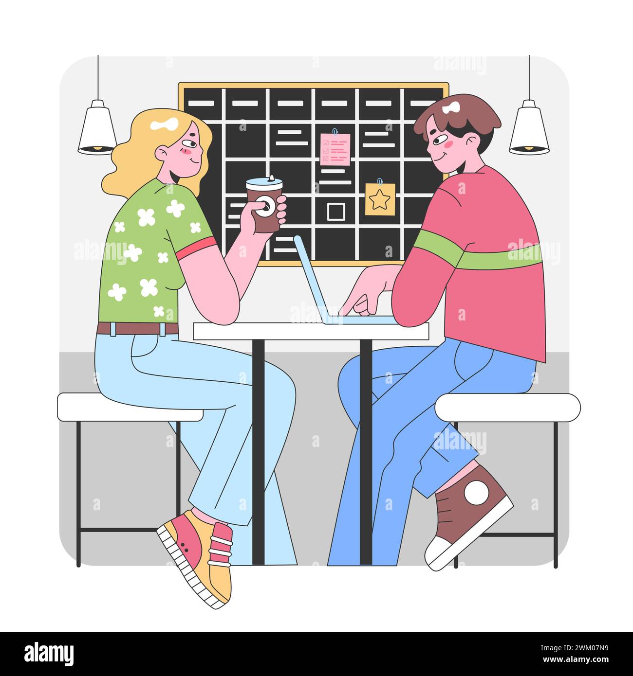 Colleagues collaborating in a cozy workspace. Sharing ideas over coffee, laptop-focused tasks, and a well-organized bulletin board. Casual work attire, engaging discussion. Flat vector illustration Stock Vector
