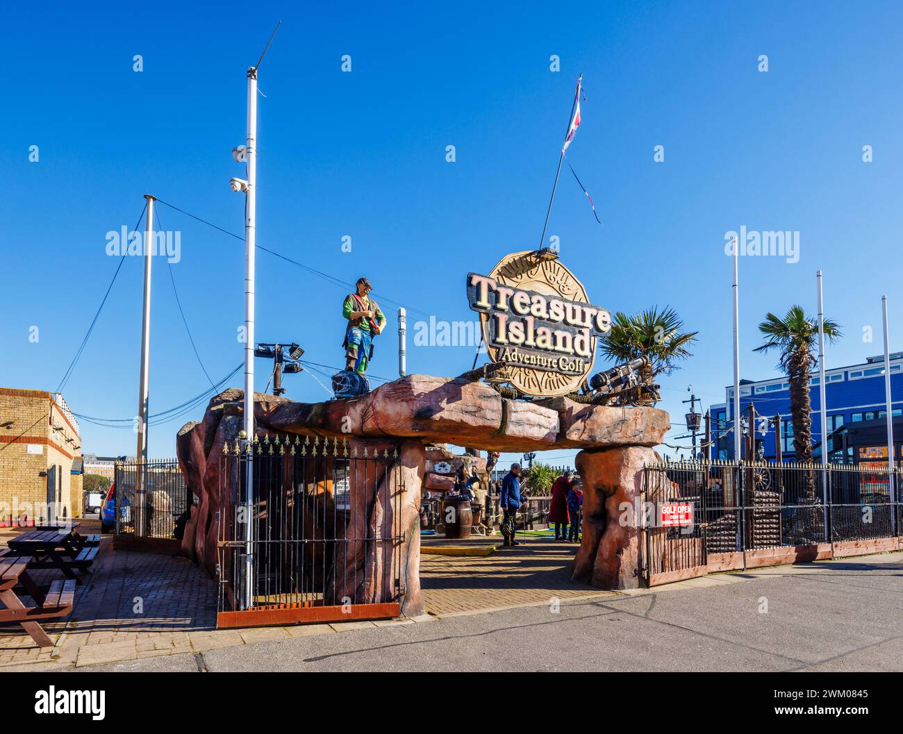 Treasure Island Adventure Golf, pirate themed minigolf in Southsea, Portsmouth, Hampshire, a holiday resort on the Solent in south coast England Stock Photo