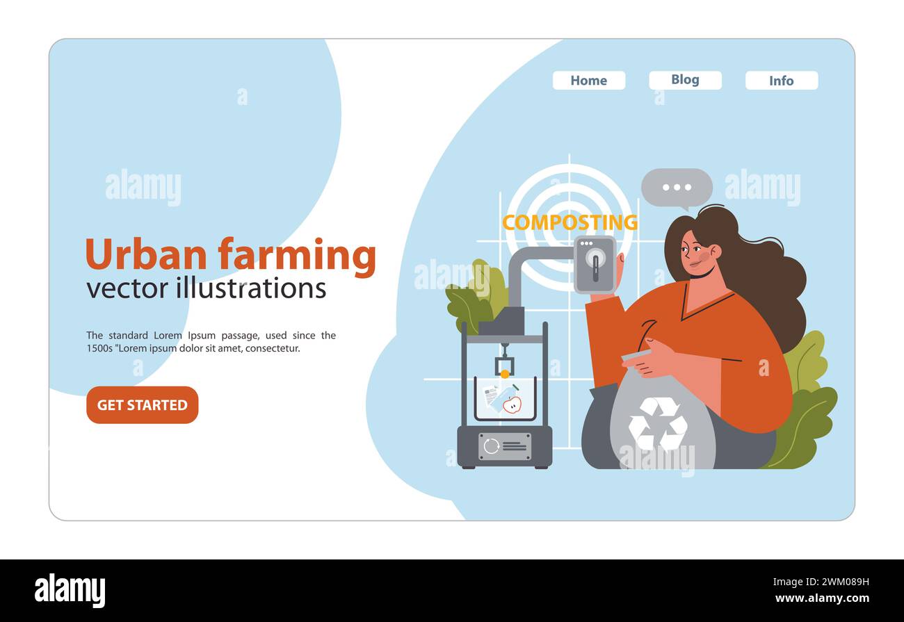 Cheerful woman guides composting process in urban setting. Efficient