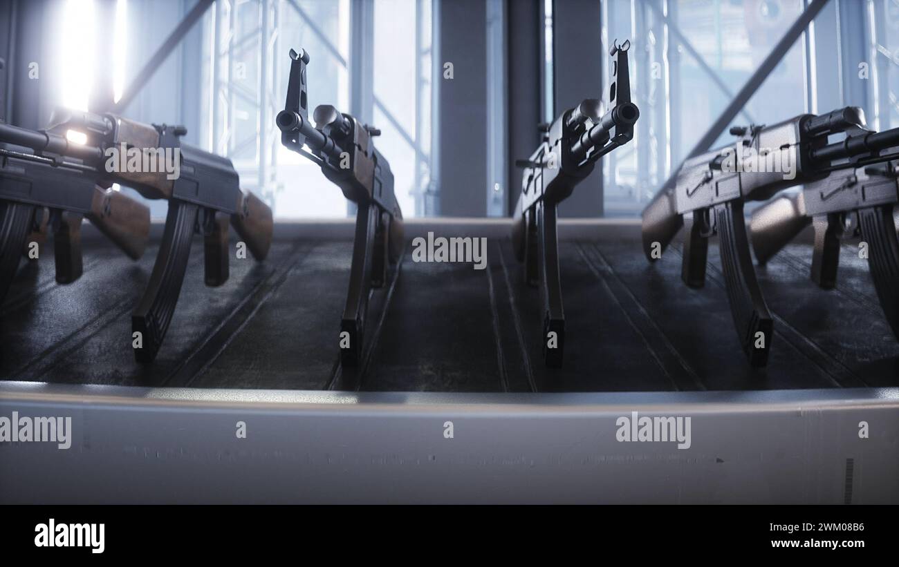 Russian machine gun AK 47 production factory. War concept. 3d rendering ...
