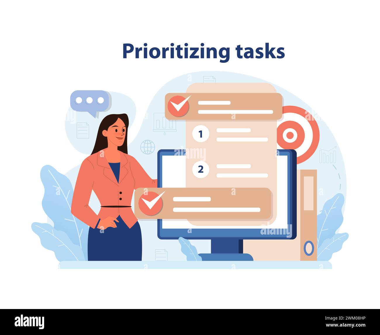 Prioritizing tasks concept. Confident woman with checklist, marking top ...