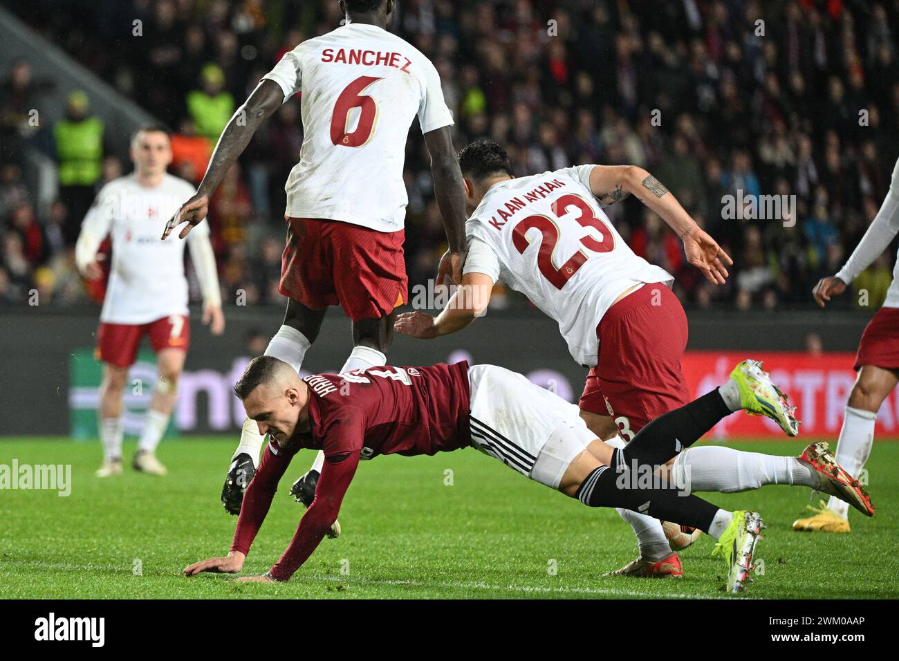 Prague, Czech Republic. 22nd Feb, 2024. Kaan Ayhanduring of Galatasaray (right) fauls Lukas Haraslin of Sparta (down) during the Europa League 2nd round return leg match AC Sparta Prague vs Galatasaray Istanbul, Prague, February 22, 2024. Credit: Michal Kamaryt/CTK Photo/Alamy Live News Stock Photo