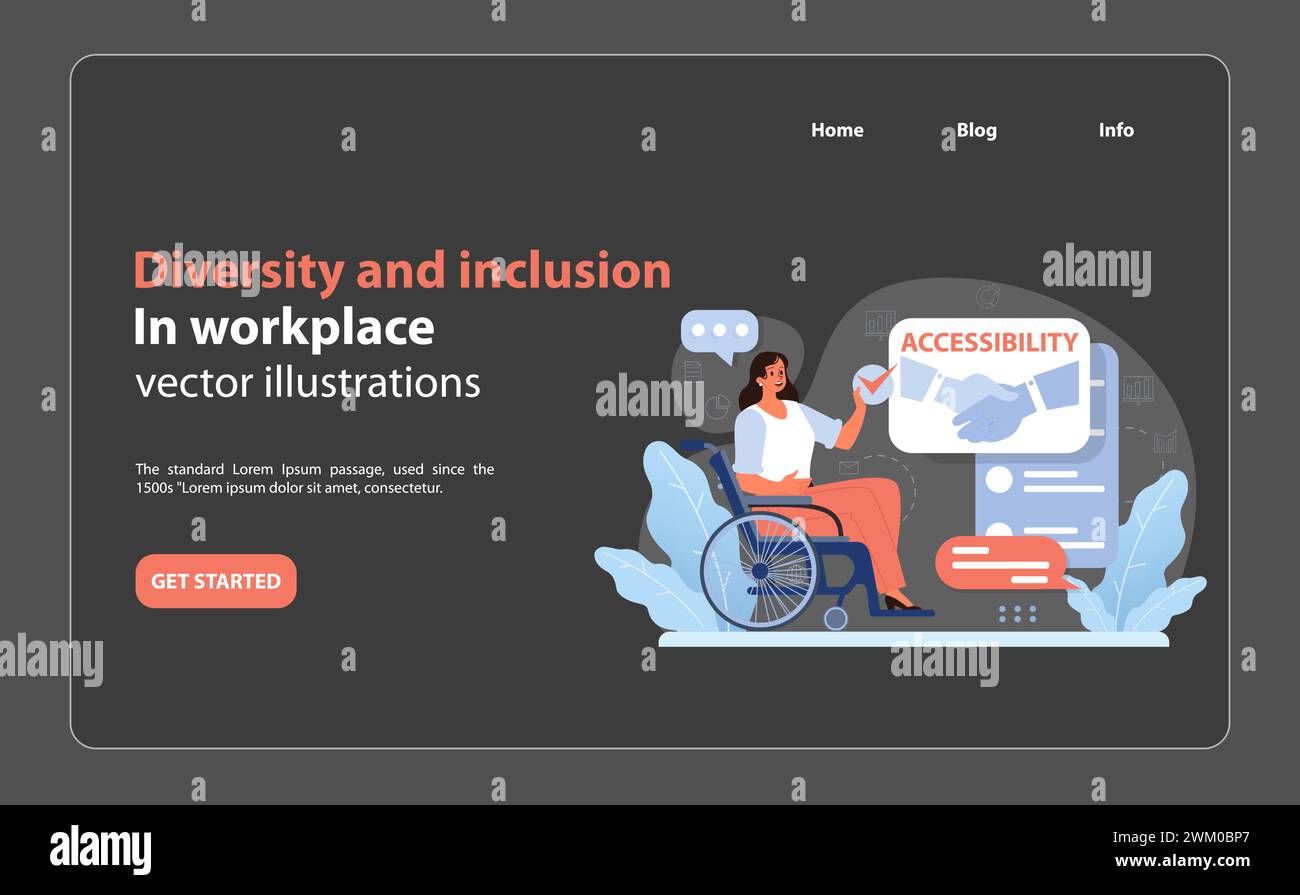 Inclusive workplace focus on accessibility. Woman in wheelchair interacts with digital platform