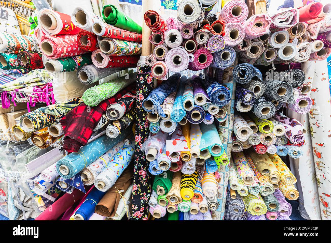 Fabric crafting materials displayed in a shop Stock Photo