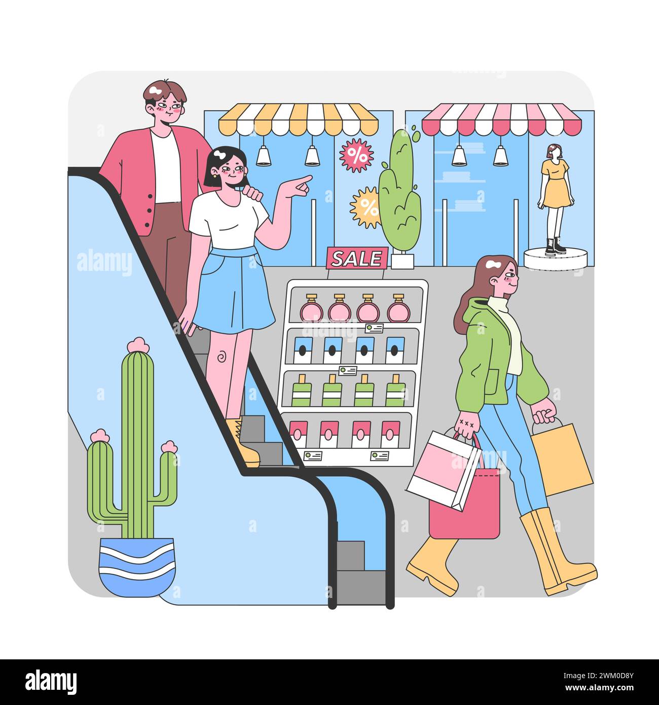 Vibrant Shopping Day Scene. Shoppers explore a lively market with stalls, while a woman confidently strides with her purchases. Sales, boutique stalls, and relaxed browsing. Flat vector illustration. Stock Vector