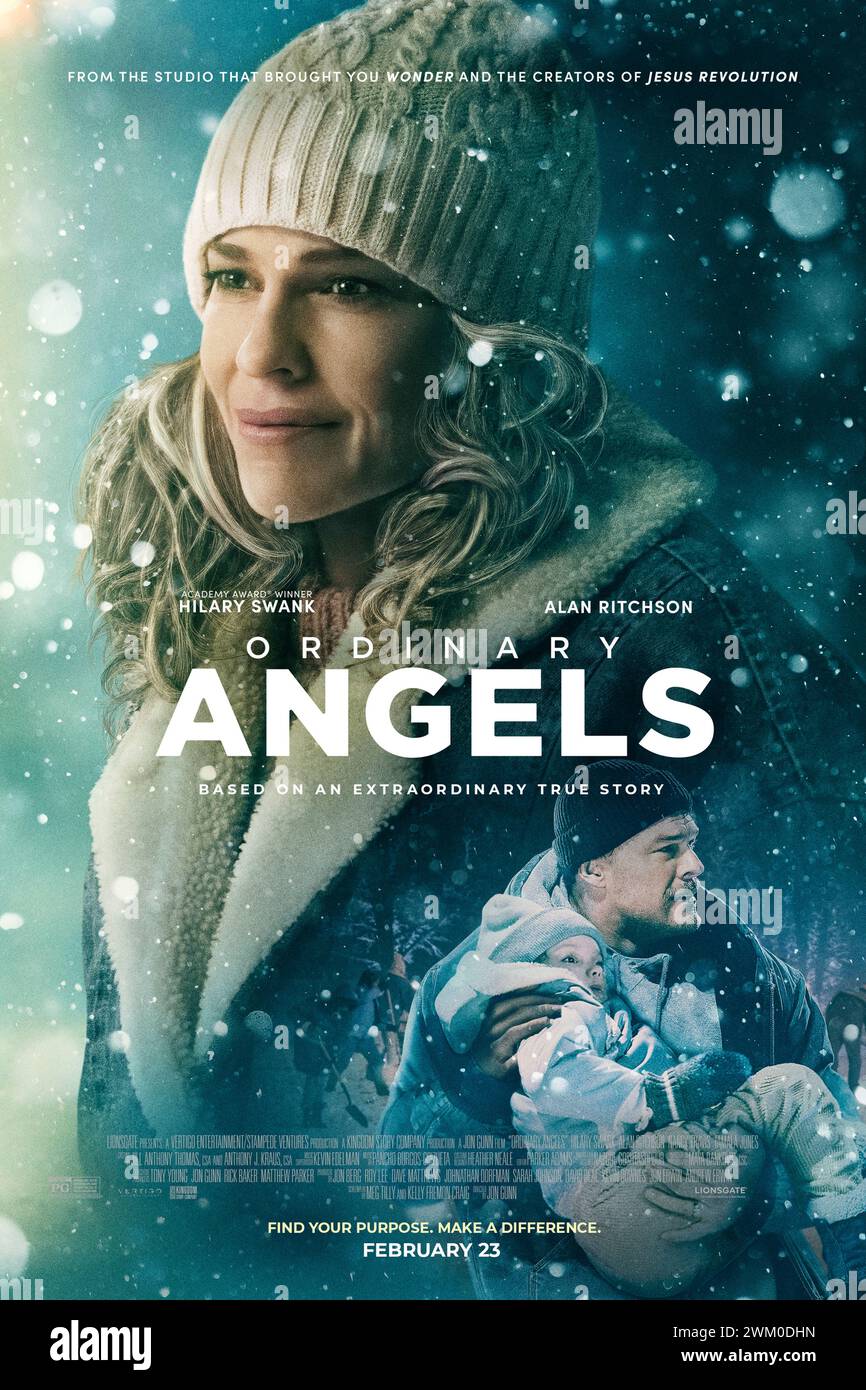 Ordinary Angels (2024) directed by Jon Gunn and starring Alan Ritchson, Hilary Swank and Amy Acker. Inspired by the incredible true story of a hairdresser who single-handedly rallies an entire community to help a widowed father save the life of his critically ill young daughter. US one sheet poster ***EDITORIAL USE ONLY***. Credit: BFA / Lionsgate Stock Photo