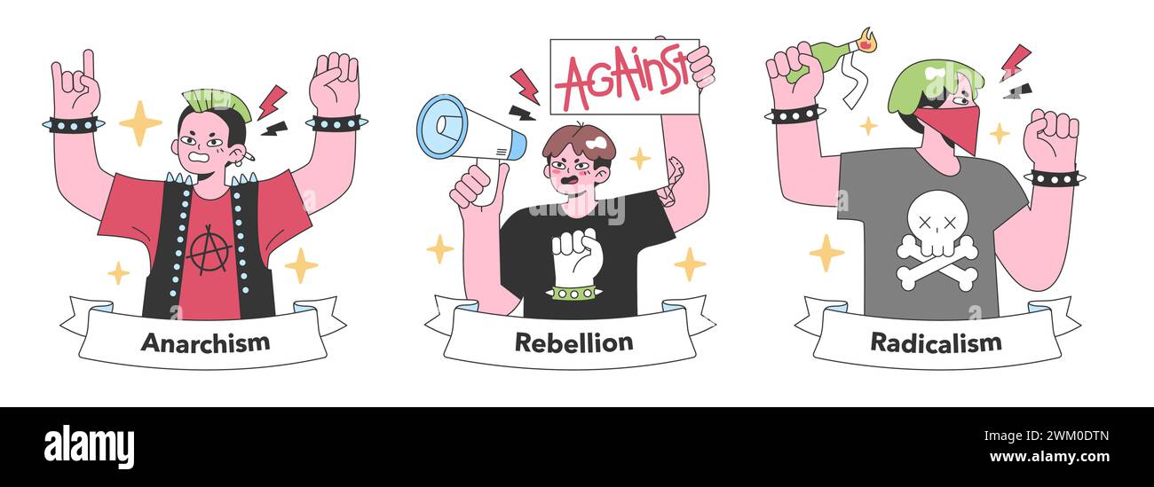 Anarchism and rebellion themed illustrations, capturing the essence of radicalism with vivid characters. Portraying spirited dissent and challenge. Flat vector illustration Stock Vector