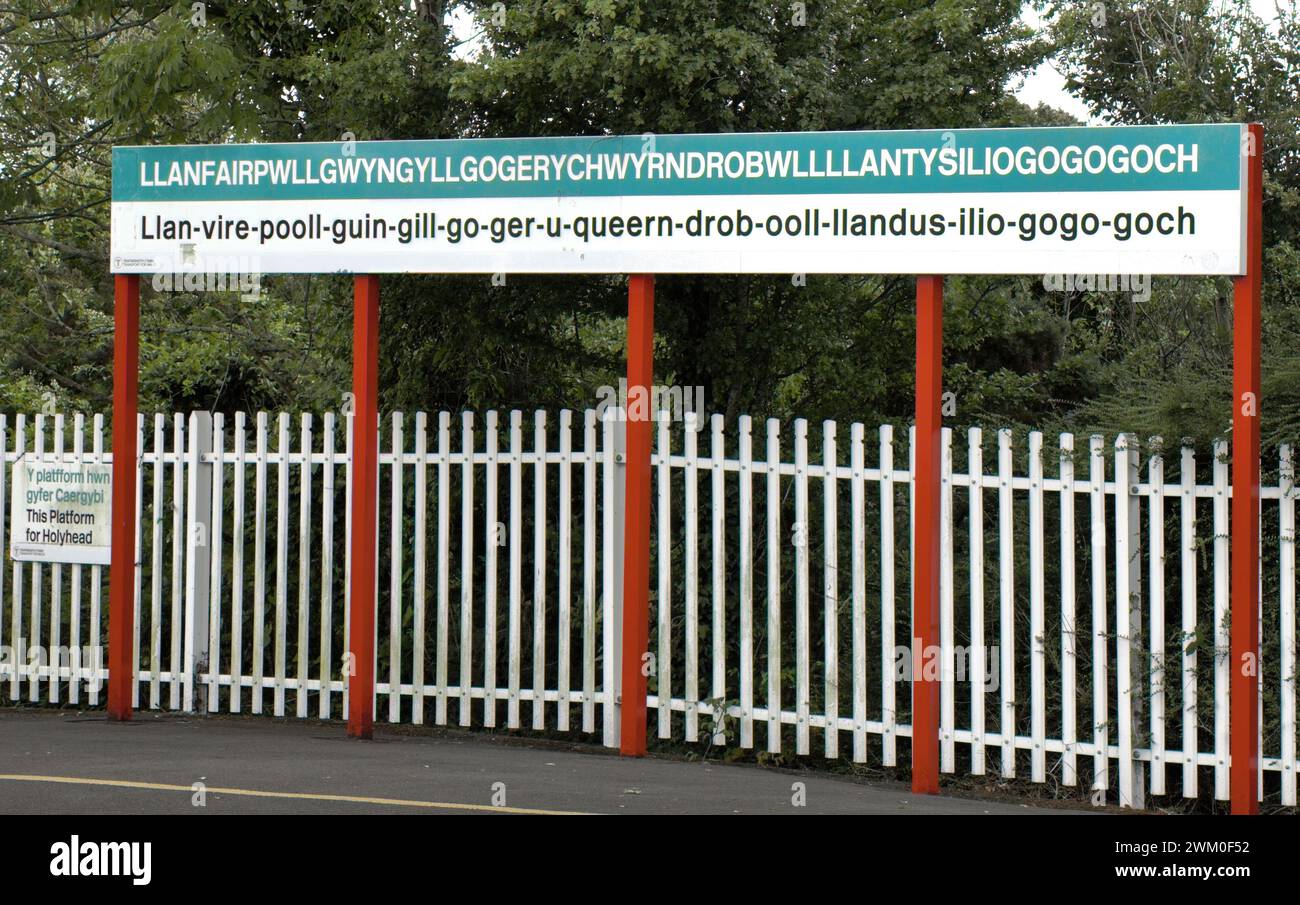 Llanfairpwllgwyngyllgogerychwyrndrobwllllantysiliogogogoch. Place with the longest name in Europe and second longest one-word place name in the world. Stock Photo