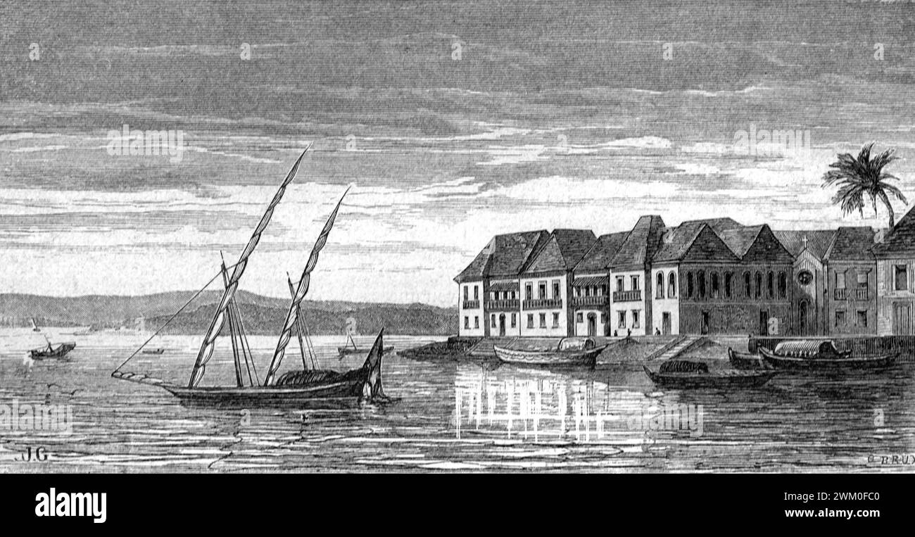 Early View of Governor's House on the Waterfront or Seafront of Panaji, aka Panjim, on the Banks of the Mandovi River Estuary, north Goa India. Vintage or Historic Engraving or Illustration 1863 Stock Photo