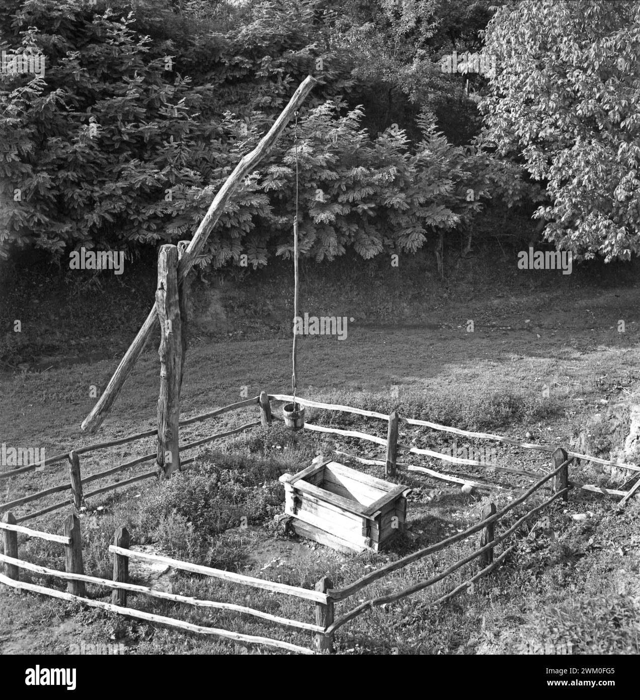 Vrancea County, Romania, approx. 1975. Water well with a shadoof on a rural property. Stock Photo