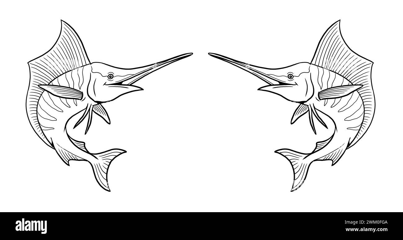 Funny swordfish to color in. Template for a coloring book with fish. Coloring template for kids. Stock Photo