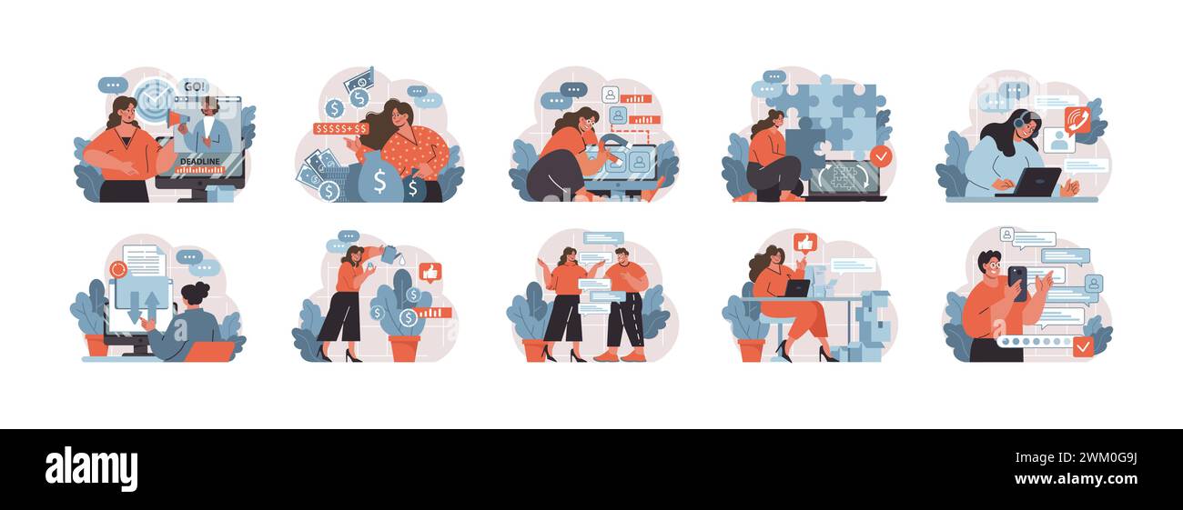 Workplace scenarios set. A collection of illustrations depicting ...