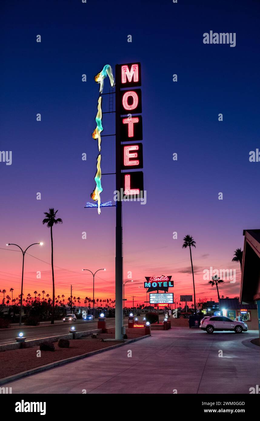 Neon Motel and diving woman sign, Starlite Motel Mesa, Phoenix, Arizona, USA Stock Photo