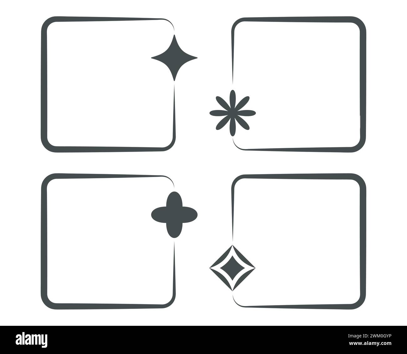 Frame icons set. Decorative kit of star, flower shapes, cartoon style design, black bold brush stroke line, outline isolated elements. Text space Stock Vector