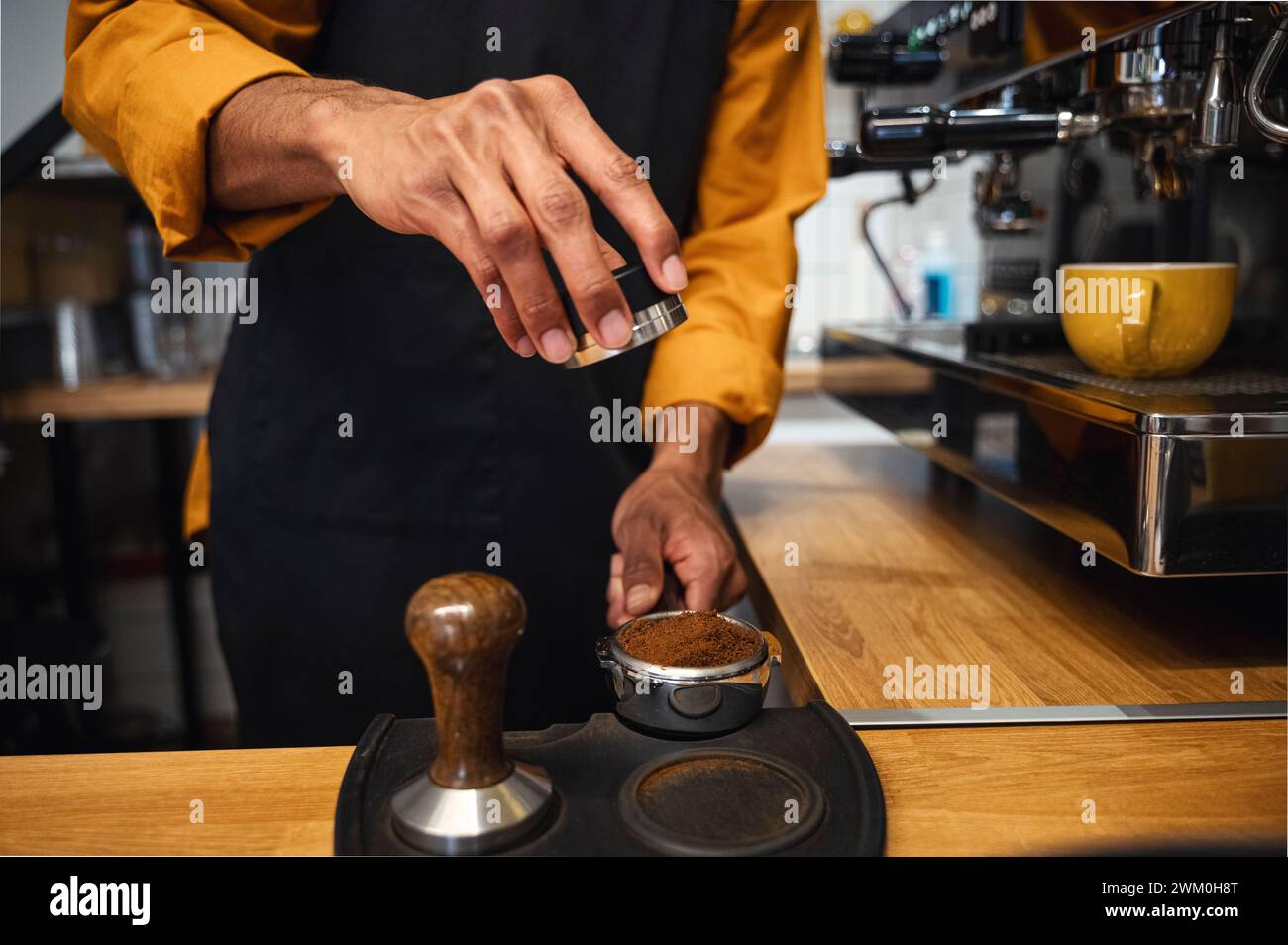 Barista tamping ground coffee in portafilter with tamper at cafe Stock