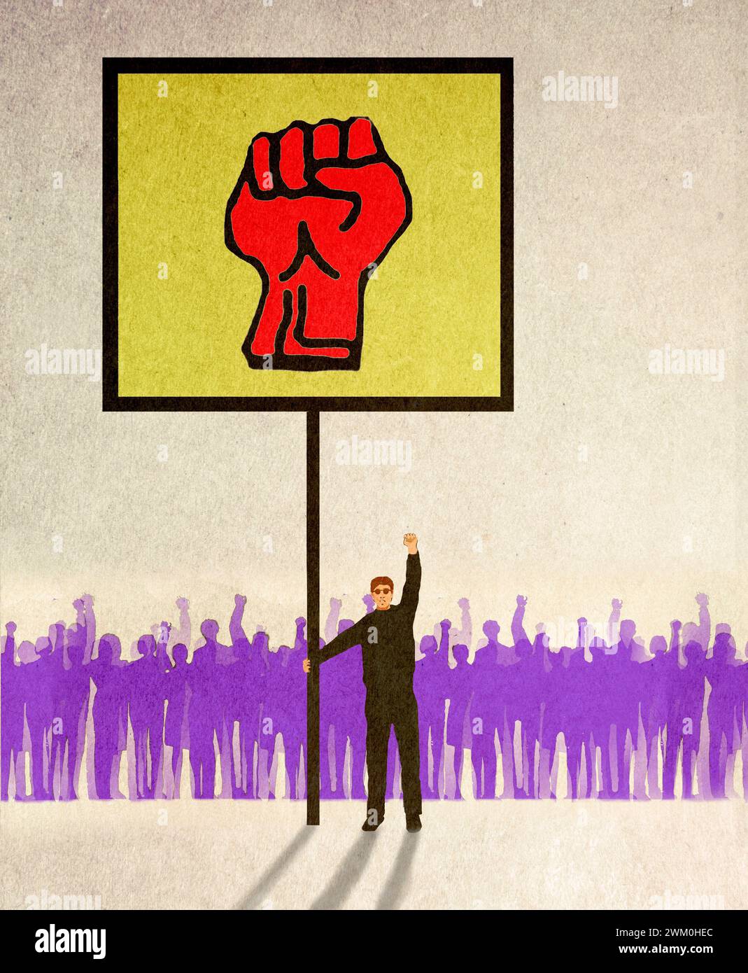 Man holding protest sign in front of protesters against beige background Stock Photo