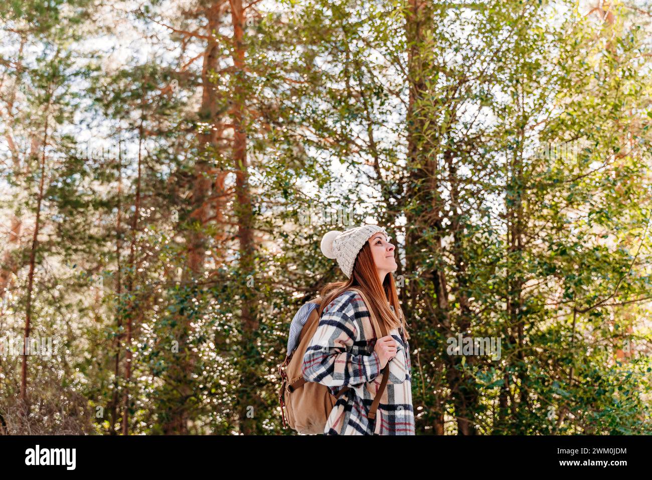 Hiker wearing backpack and exploring forest Stock Photo - Alamy
