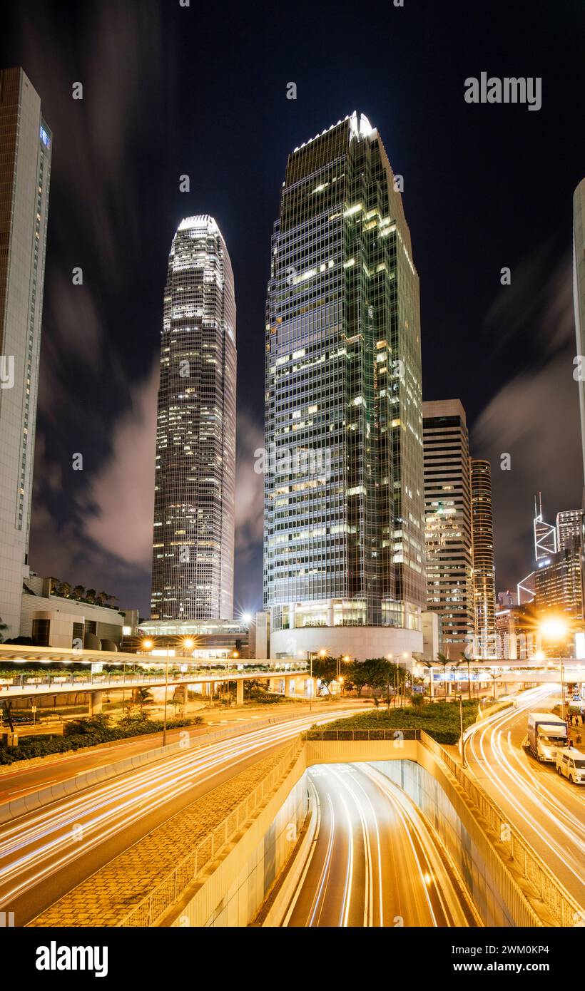 International finance center buildings in Hong Kong city at night Stock Photo