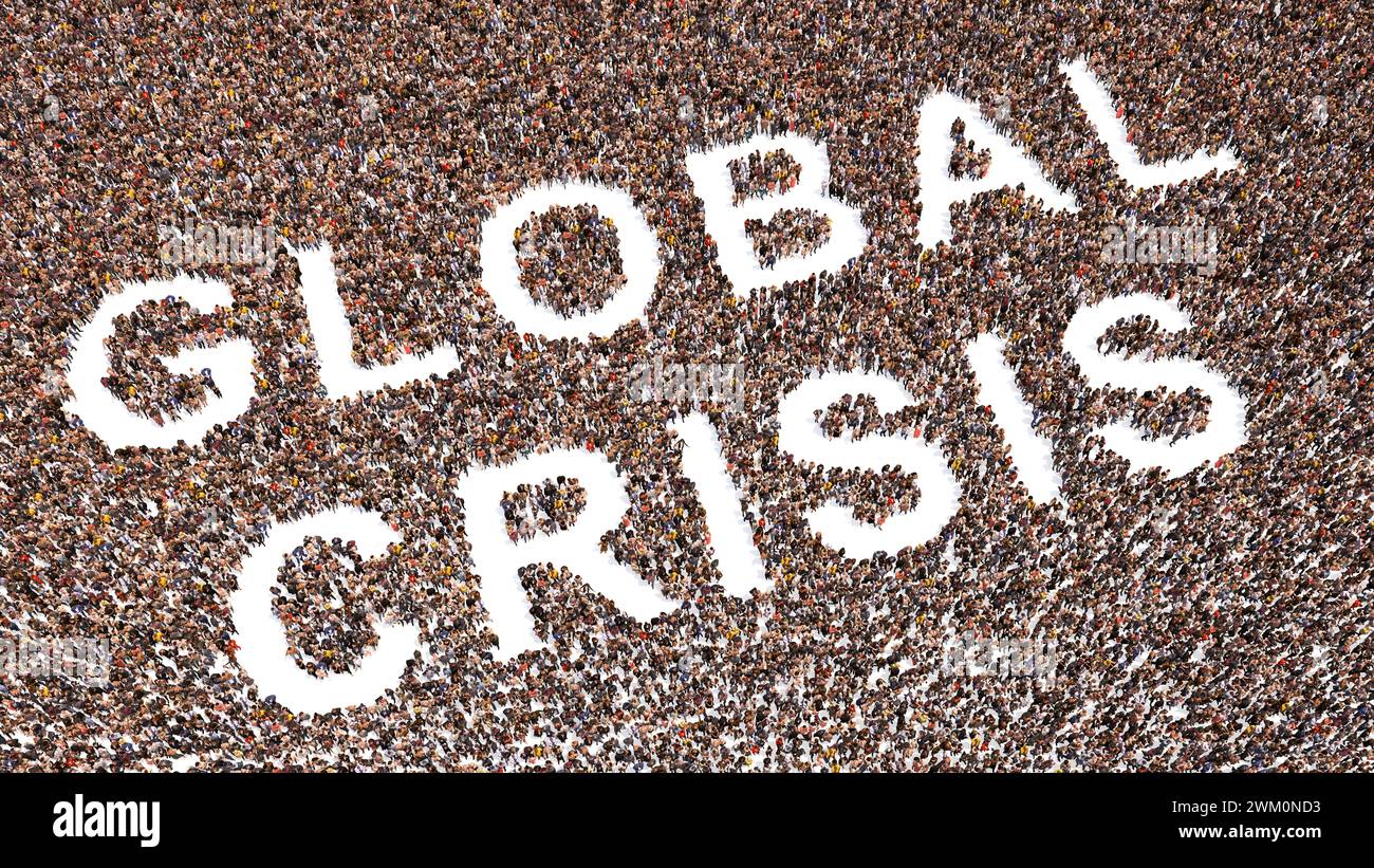 Concept conceptual large community of people forming the GLOBAL CRISIS message. 3d illustration metaphor for economic and financial crisis, inflation Stock Photo