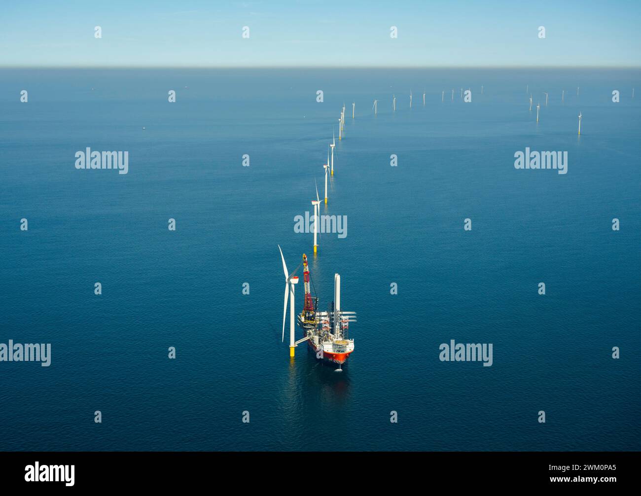 Netherlands, North Holland, IJmuiden, Aerial view of wind turbine installation vessel at offshore wind farm Stock Photo