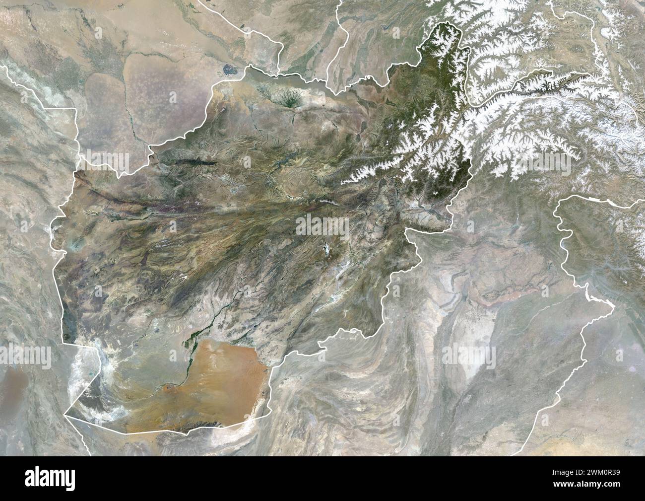 Color satellite image of Afghanistan, with borders and mask. Stock Photo