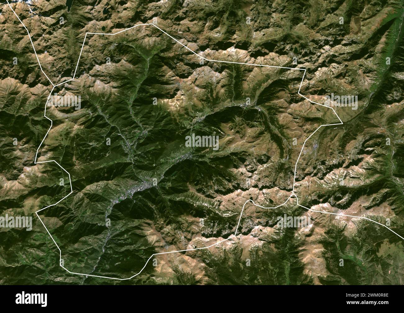 Color satellite image of Andorra situated between France and Spain in the Pyrenees mountains. Stock Photo
