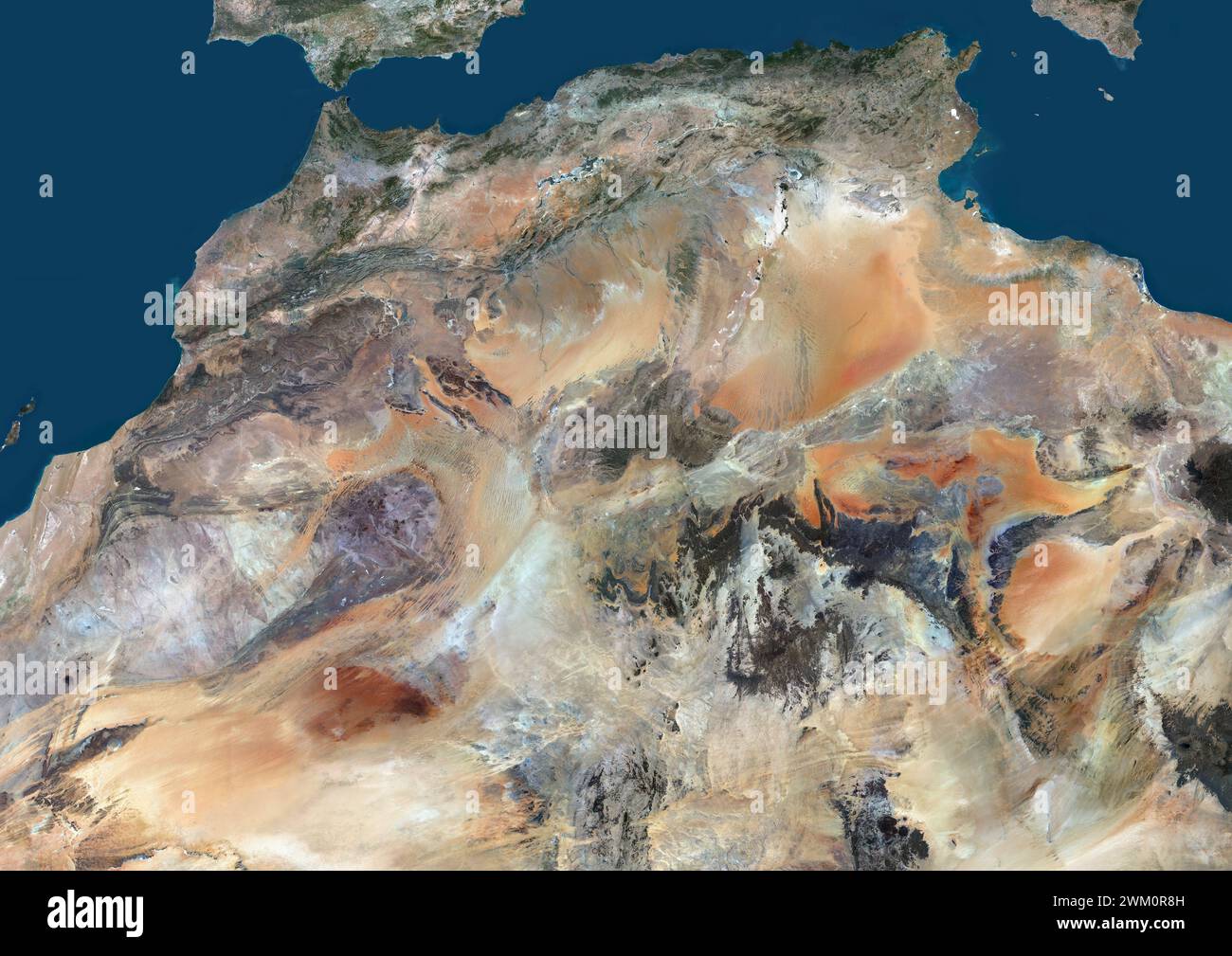 Color satellite image of Northern Africa, showing Morocco, Algeria, Tunisia and neighbouring countries. Stock Photo