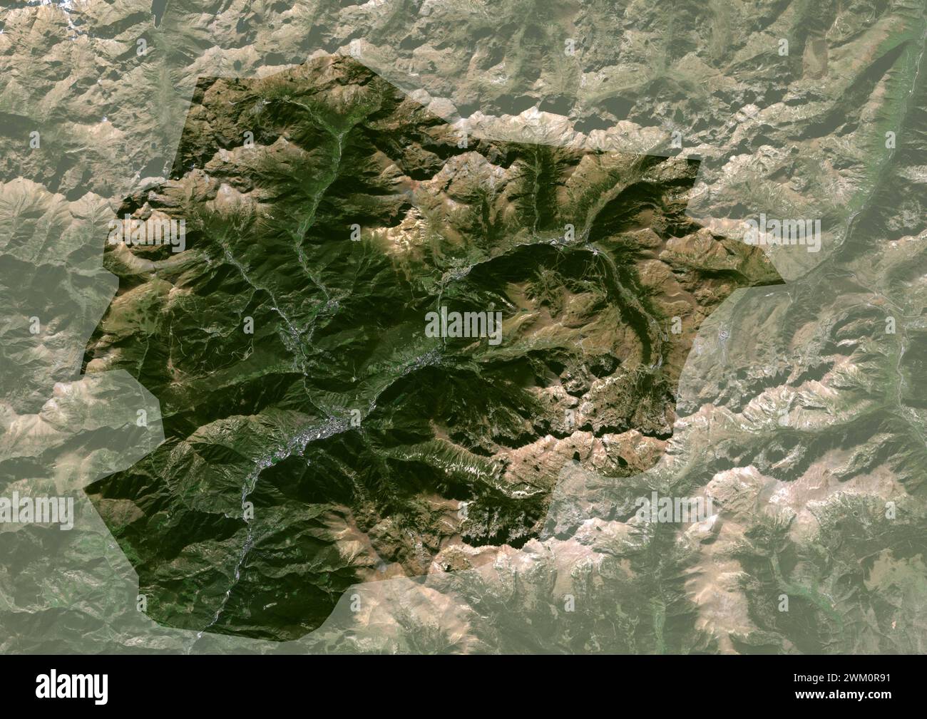 Color satellite image of Andorra with mask, a tiny independent principality situated between France and Spain in the Pyrenees mountains. Stock Photo