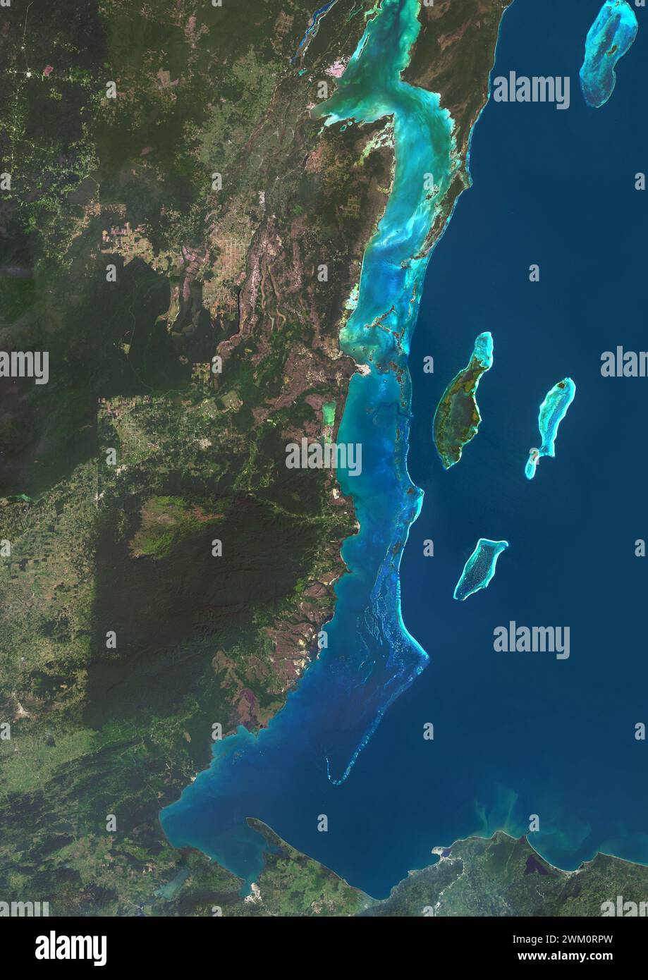 Color satellite image of Belize and neighbouring countries. The Belize Barrier Reef runs some 190 miles (300 km) along Belize's Caribbean coastline. Stock Photo