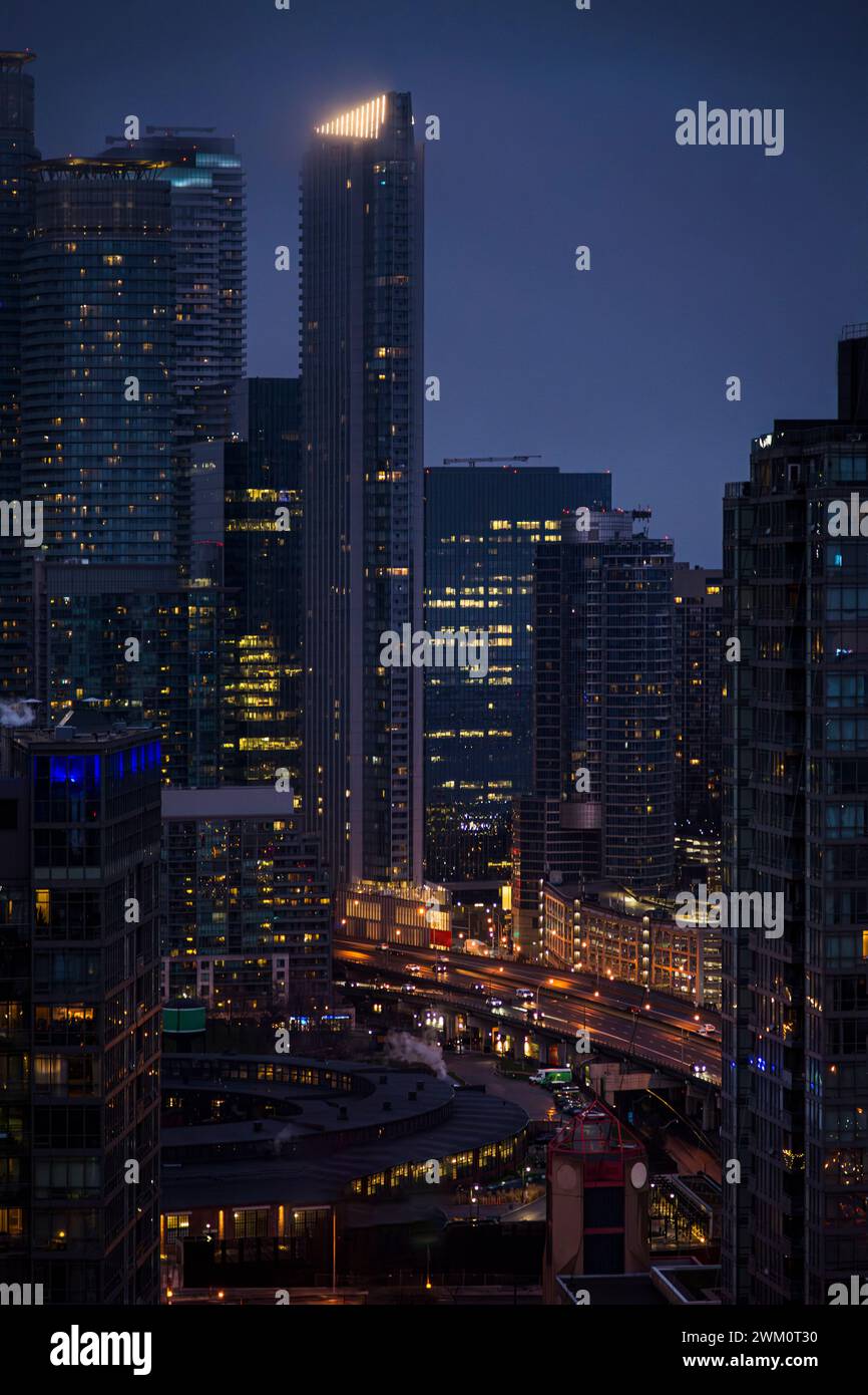 Canada, Ontario, Toronto, Aerial view of downtown skyscrapers at night Stock Photo