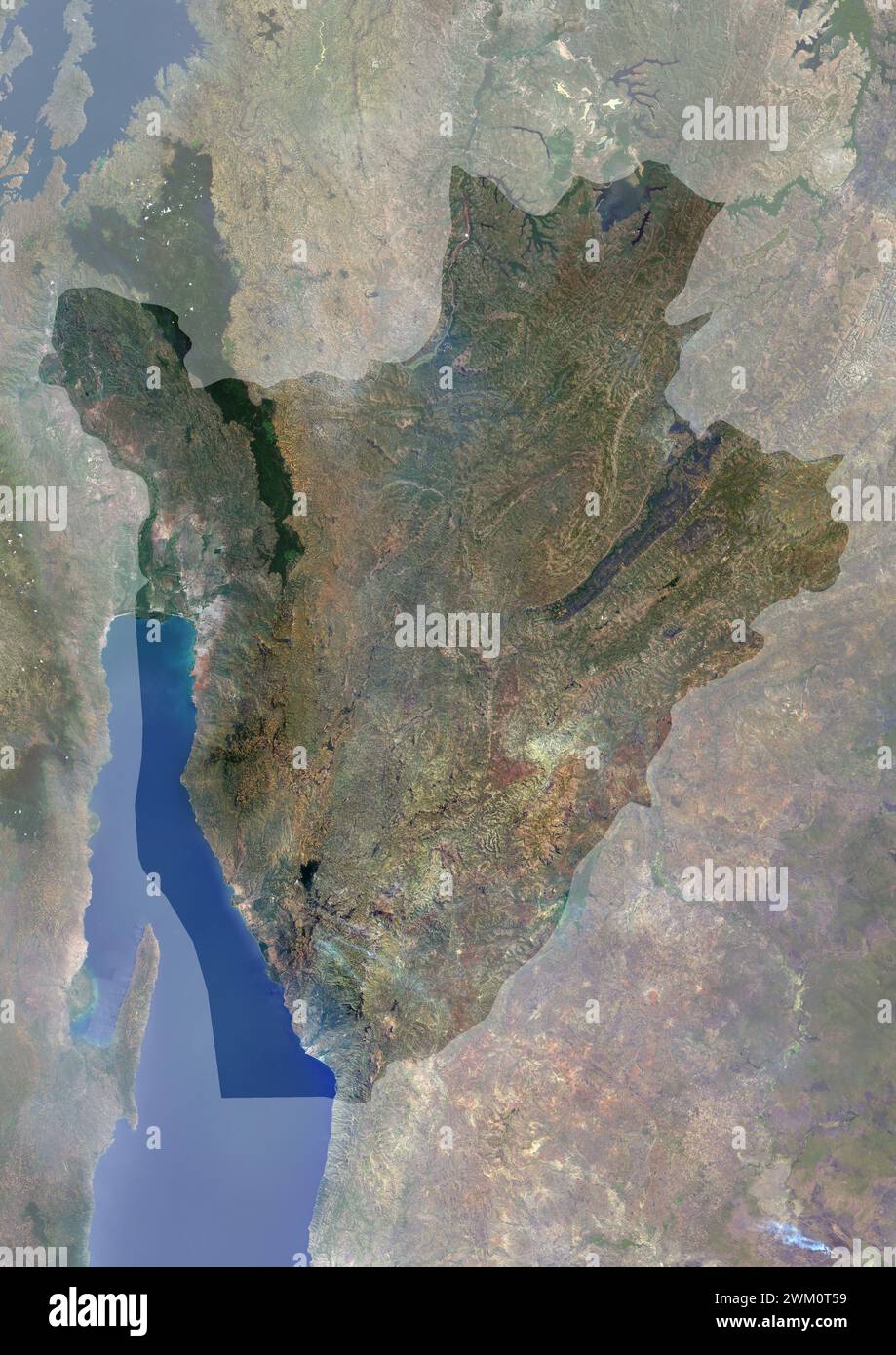 Color satellite image of Burundi, with mask. The country is in the Great Rift Valley. Lake Tanganyika lies along its southwestern border. Stock Photo