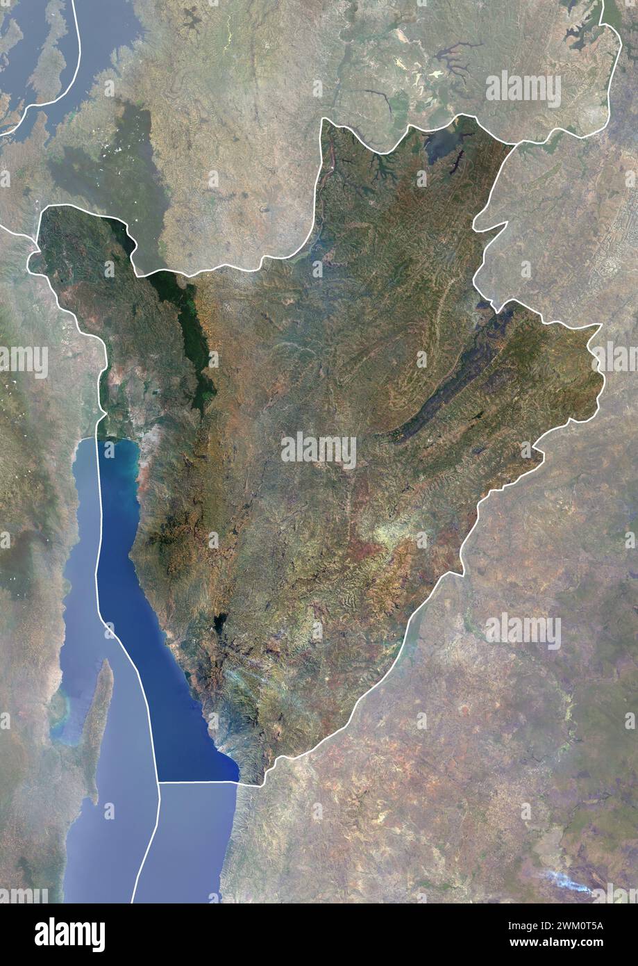 Color satellite image of Burundi, with borders and mask. The country is in the Great Rift Valley. Lake Tanganyika lies along its southwestern border. Stock Photo