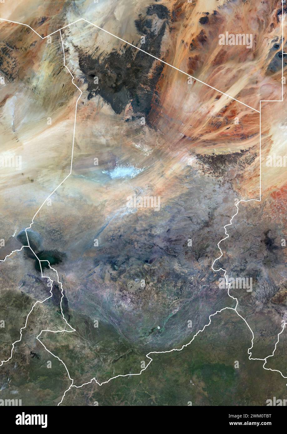 Color satellite image of Chad and neighbouring countries, with borders. Stock Photo