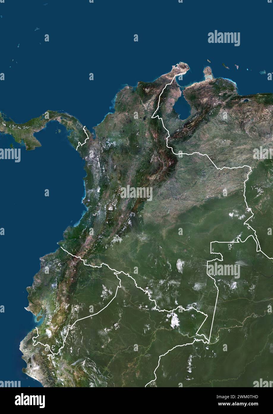 Color satellite image of Colombia and Ecuador, and neighbouring countries, with borders. Stock Photo