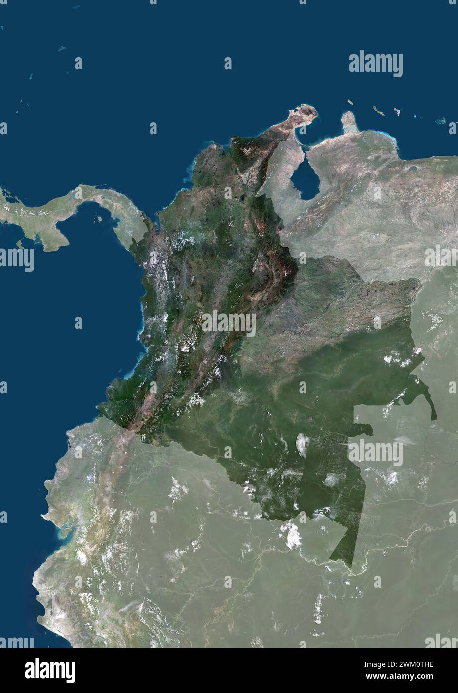 Color satellite image of Colombia, with mask. Stock Photo