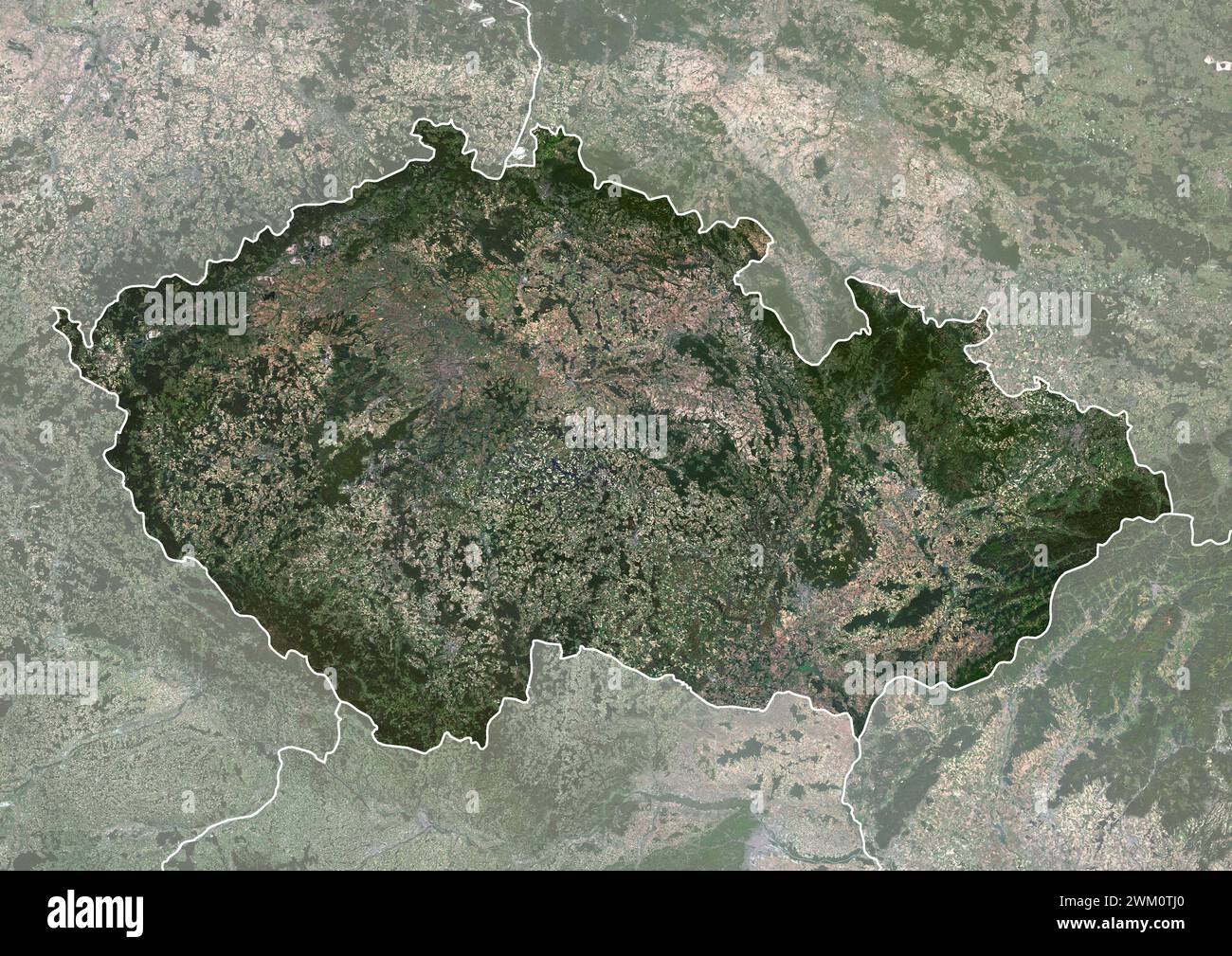 Color satellite image of Czech Republic, with borders and mask. Stock Photo
